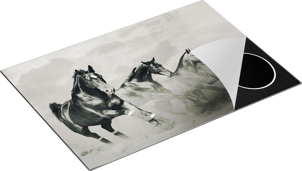 Chefcare Inductie Beschermer Vier Paarden naast Elkaar - Zwart Wit - 77x51 cm - Afdekplaat Inductie - Kookplaat Beschermer - Inductie Mat