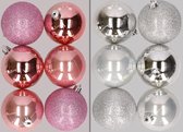 12x stuks kunststof kerstballen mix van roze en zilver 8 cm - Kerstversiering