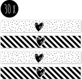 30x Stickers / Cadeaustickers / Etiketten | HARTJE | zwart & wit | rechthoekig | 100 x 15 mm