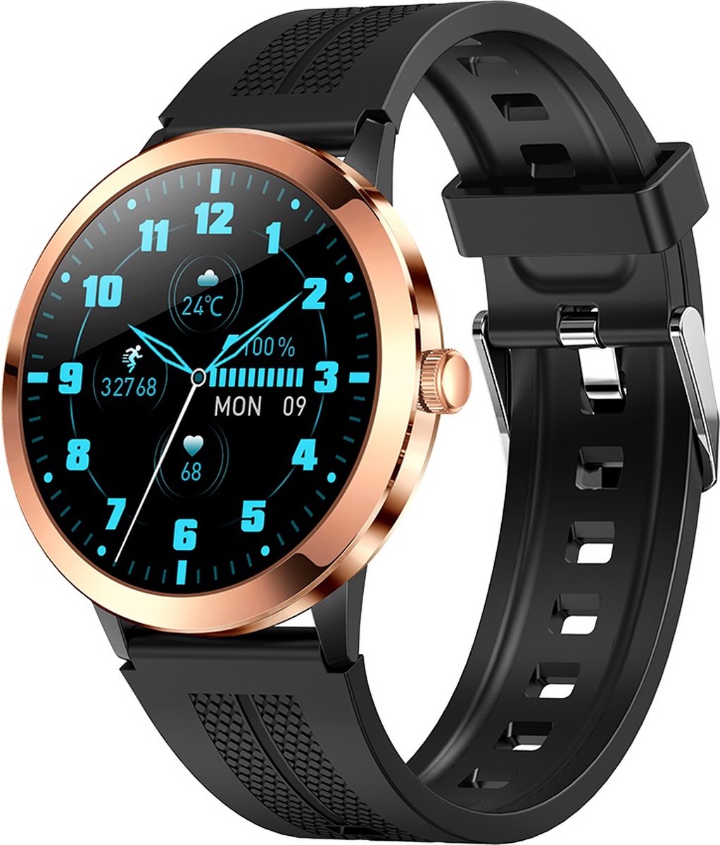 Belesy® TREASURE - Smartwatch Dames - Smartwatch Heren - Horloge - 1.32 inch – kleurenscherm – Stappenteller - Gezondheidsindicatoren – Je eigen foto als wijzerplaat - Goud – Siliconen – Zwart - Moederdag
