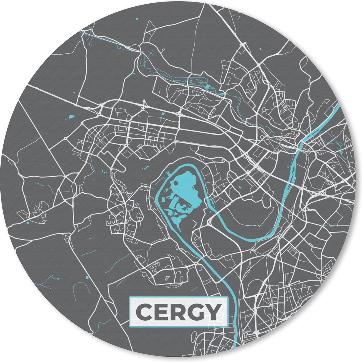 Muismat rond 40x40 cm - Mousepad Cergy - Plattegrond - Kaart - Stadskaart - Frankrijk - Ronde muismatten - Stadskaart