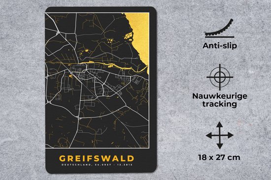 Muismat 18x27 cm - Mousepad Black and Gold – Stadskaart – Greifswald – Duitsland – Plattegrond – Kaart - Muismatten - Stadskaart