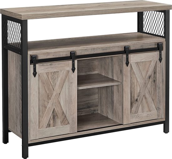 Hoppa! Sideboard, keukenkastje, opbergkastje, met 2 schuifdeuren, verstelbare plank, industrieel, voor woonkamer, grijs-zwart