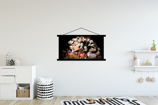 Porte-affiche avec affiche - Affiche scolaire - Femmes - Fleurs - Roses - Portrait - 120x60 cm - Lattes noires