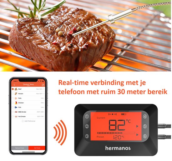 Hermanos® Vleesthermometer - Digitale BBQ Thermometer Draadloos - Oventhermometer - Bluetooth met app - 6 Meetsondes - Magneet - Incl. Batterijen - Hermanos