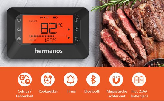 Hermanos® Vleesthermometer - Digitale BBQ Thermometer Draadloos - Oventhermometer - Bluetooth met app - 6 Meetsondes - Magneet - Incl. Batterijen - Hermanos