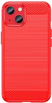 iPhone 14 Hoesje - MobyDefend TPU Gelcase - Geborsteld Metaal + Carbonlook - Rood - GSM Hoesje - Telefoonhoesje Geschikt Voor iPhone 14