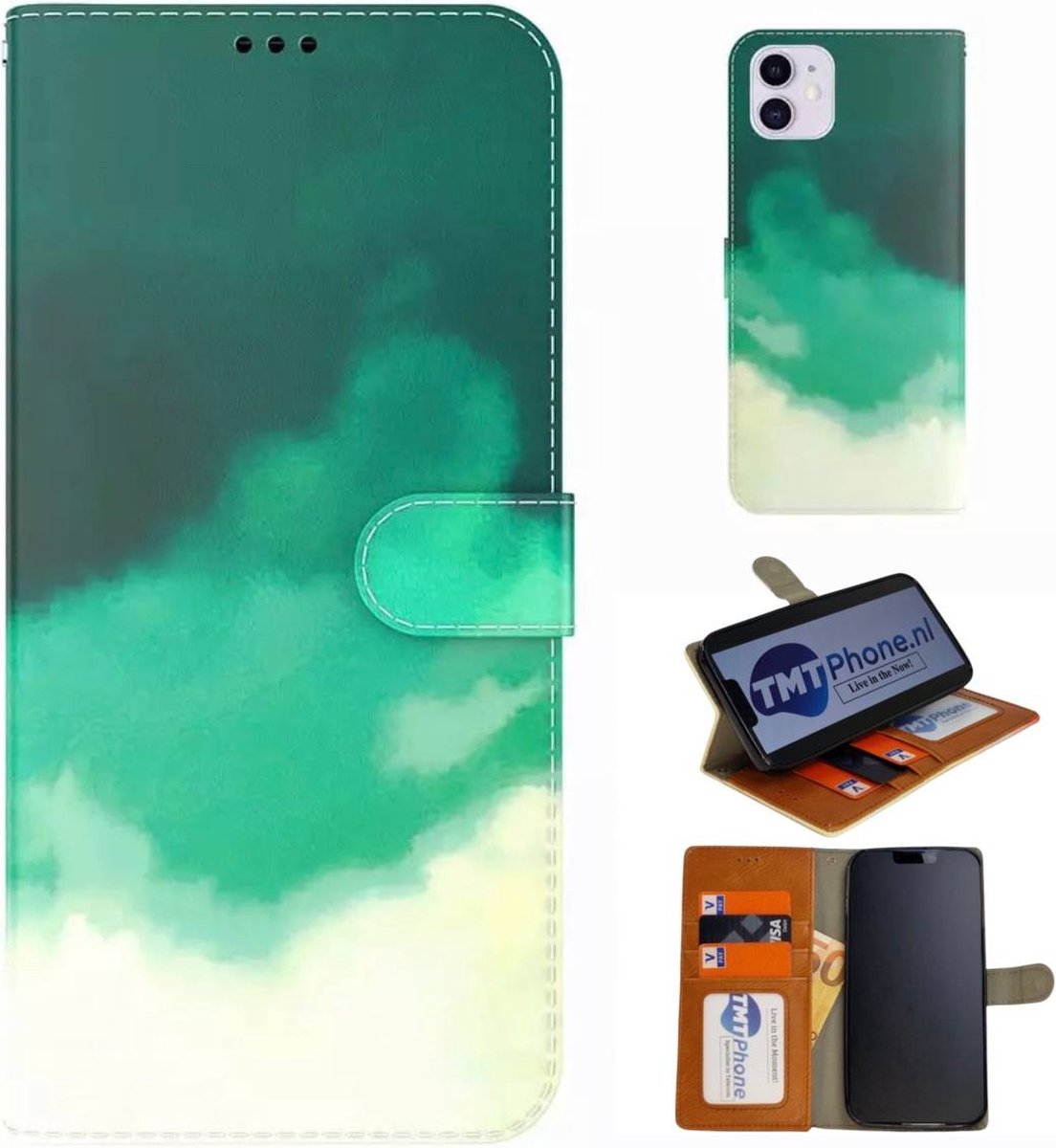 Apple iPhone 12/12 Pro Ultra Bescherming - Green - Aquarel - Edge to Edge - Vloeibare Kunstleer - Telefoon Bookcase