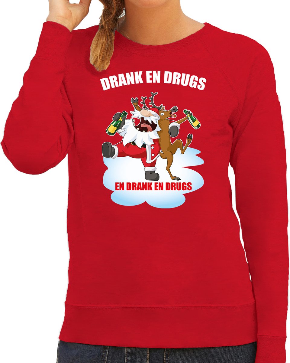 Afbeelding van product Bellatio Decorations  Foute Kerstsweater / kersttrui Drank en drugs rood voor dames - Kerstkleding / Christmas outfit XL  - maat XL