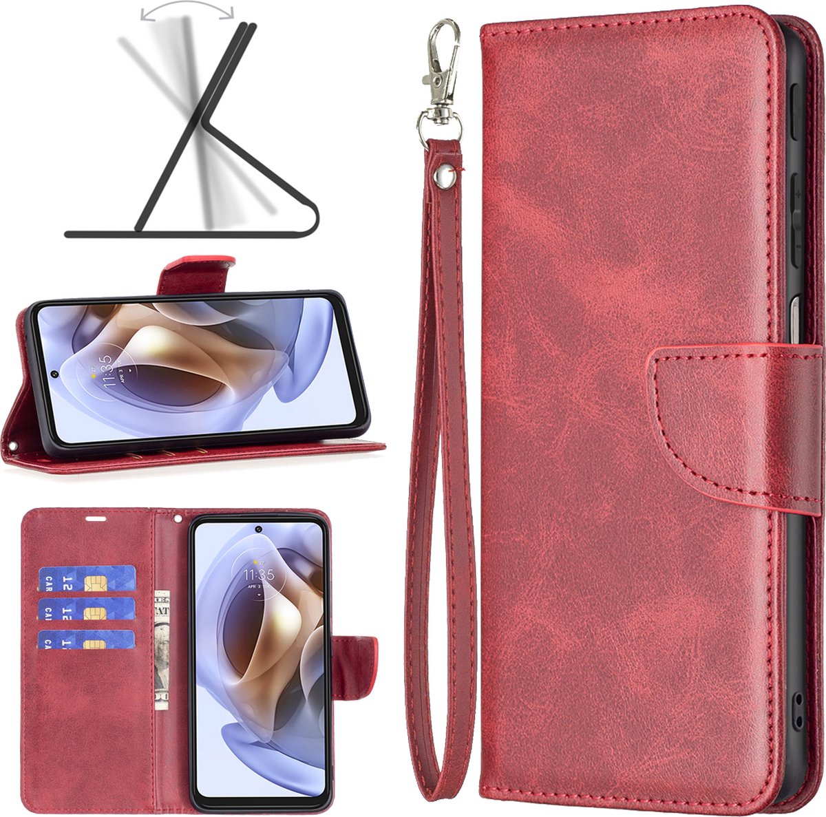 MobyDefend Hoesje - Geschikt voor Motorola Edge 30 Pro - Wallet Book Case Met Koord - Rood