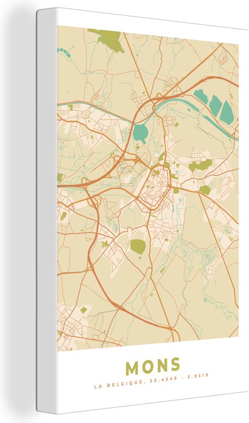 Toile Peinture Plan d'Etage - Carte - België - Plan de Ville - Vintage - Mons - 20x30 cm - Décoration murale