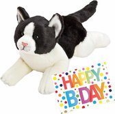 Pluche knuffel zwart/witte kat/poes van 33 cm met A5-size Happy Birthday wenskaart - Verjaardag cadeau setje