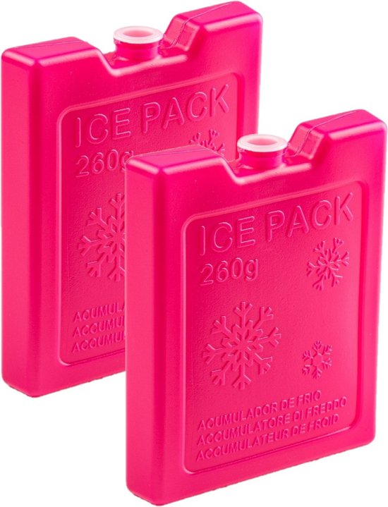 2x stuks 260 grams koelelementen 13 x 10.5 x 2 cm roze plastic