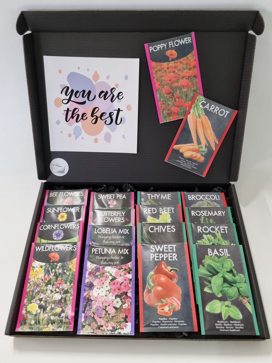 Zaden Pakket met Mystery Card 'You are the Best' met jouw eigen persoonlijke videoboodschap. Pakket met 18 verschillende bloemen-, kruiden- en groentenzaden in 1 box door de brievenbus. | Verjaardag | Vaderdag | Moederdag