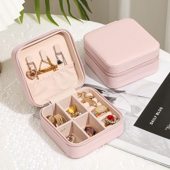 Sefaras Luxe Sieradendoosje Voor Op Reis - Sieradenbox - Sieradendoos - Reis Juwelendoos  -  10 x 10 x 5,5 cm - Roze