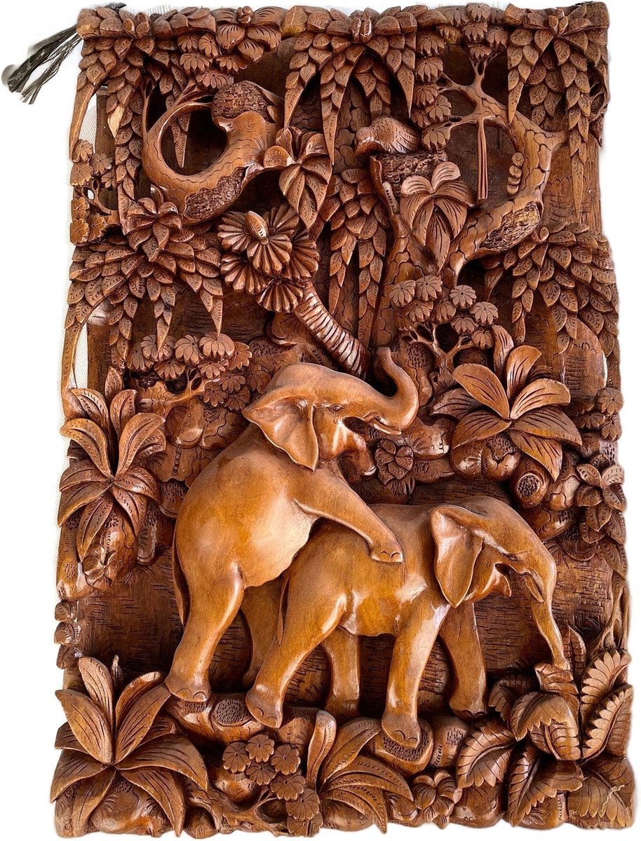 Handgemaakte houten olifant schilderij / Houten figuur / Indonesisch beeld