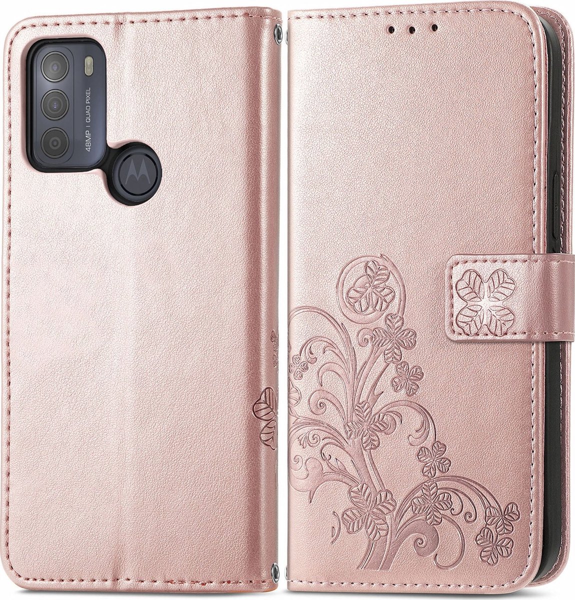 Mobigear Telefoonhoesje geschikt voor Motorola Moto G50 Hoesje | Mobigear Clover Bookcase Portemonnee | Pasjeshouder voor 3 Pasjes | Telefoonhoesje voor Pinpas / OV Kaart / Rijbewijs - Roségoud