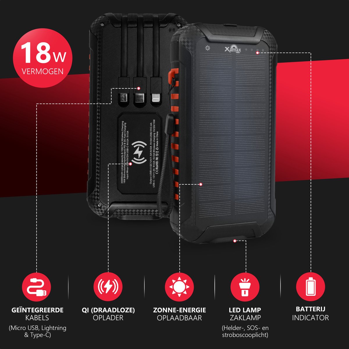 Xamax Quickcharge Powerbank 30.000 mAh Op Zonne-energie / - afbeelding 3