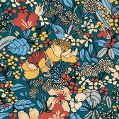 Bloemen behang Profhome 377564-GU vliesbehang glad met bloemen patroon mat blauw roodbruin oranje beige 5,33 m2