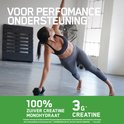 Vrouw in sportkleding doet een plank met een dumbbell. 'Voor performance ondersteuning'.