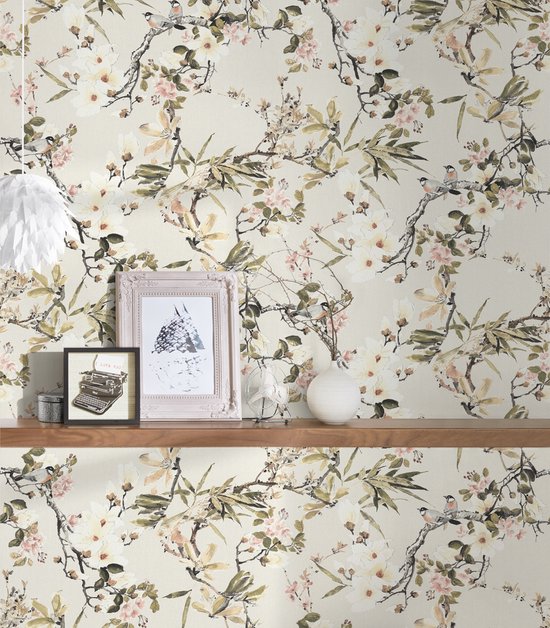 Papier peint Fleurs Profhome 364982-GU papier peint intissé légèrement texturé avec motif floral mat beige vert gris rose 5,33 m2
