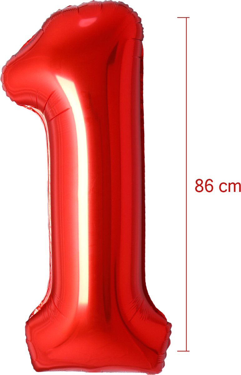 Folie Ballon Cijfer 1 Jaar Rood Verjaardag Versiering Helium Cijfer ballonnen Feest versiering Met Rietje - 86Cm — afbeelding 2