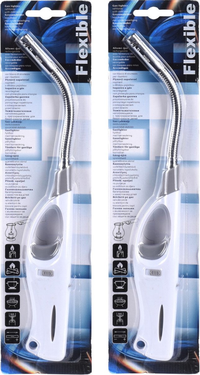 Goedkoopste 2x Flexibele gas/bbq/keuken aanstekers navulbaar - wit/grijs - 27 cm - Kinderslot - Flexibele hals