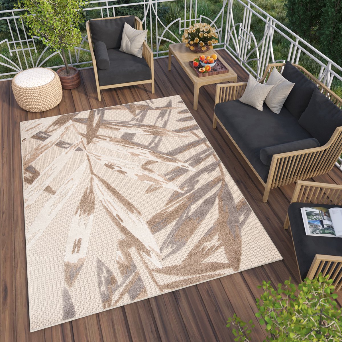 Tapiso Patio Indoor Tapijt Buitenkleed Tuintapijt Outdoor Buiten Vloerkleed Maat- 120x170 Creme Bruin 2
