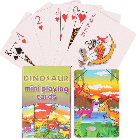 Afbeelding van het spel Mini dinosaurussen thema speelkaarten 6 x 4 cm in doosje van karton - Handig formaatje kleine kaartspelletjes