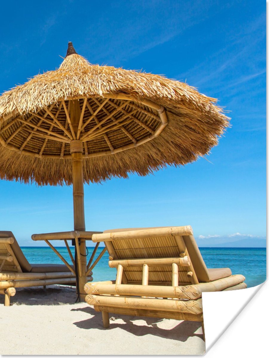 Poster 120x160 cm - Strandstoel - Strand - Parasol - Zee - Zomer - Posters - Kamer decorat