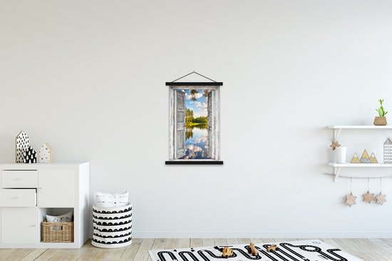 Posterhanger incl. Poster 60x90 cm - Schoolplaat - Water - Landschap - Raam - Doorkijk - Textielposter - Zwarte latten
