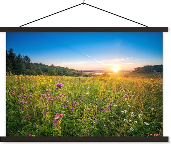 Posterhanger incl. Poster 60x40 cm - Schoolplaat - Zon - Gras - Bloemen - Textielposter - Zwarte latten