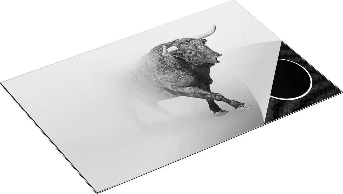 Chefcare Inductie Beschermer Stier op een Grijze Achtergrond - Zwart Wit - 80x52 cm - Afdekplaat Inductie - Kookplaat Beschermer - Inductie Mat