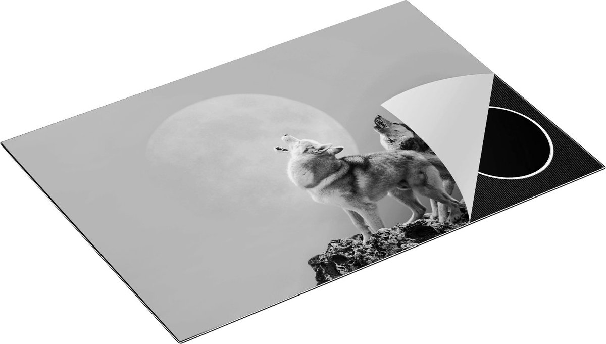 Chefcare Inductie Beschermer Twee Wolven Die Huilen tijdens Volle Maan - Zwart Wit - 76x51,5 cm - Afdekplaat Inductie - Kookplaat Beschermer - Inductie Mat