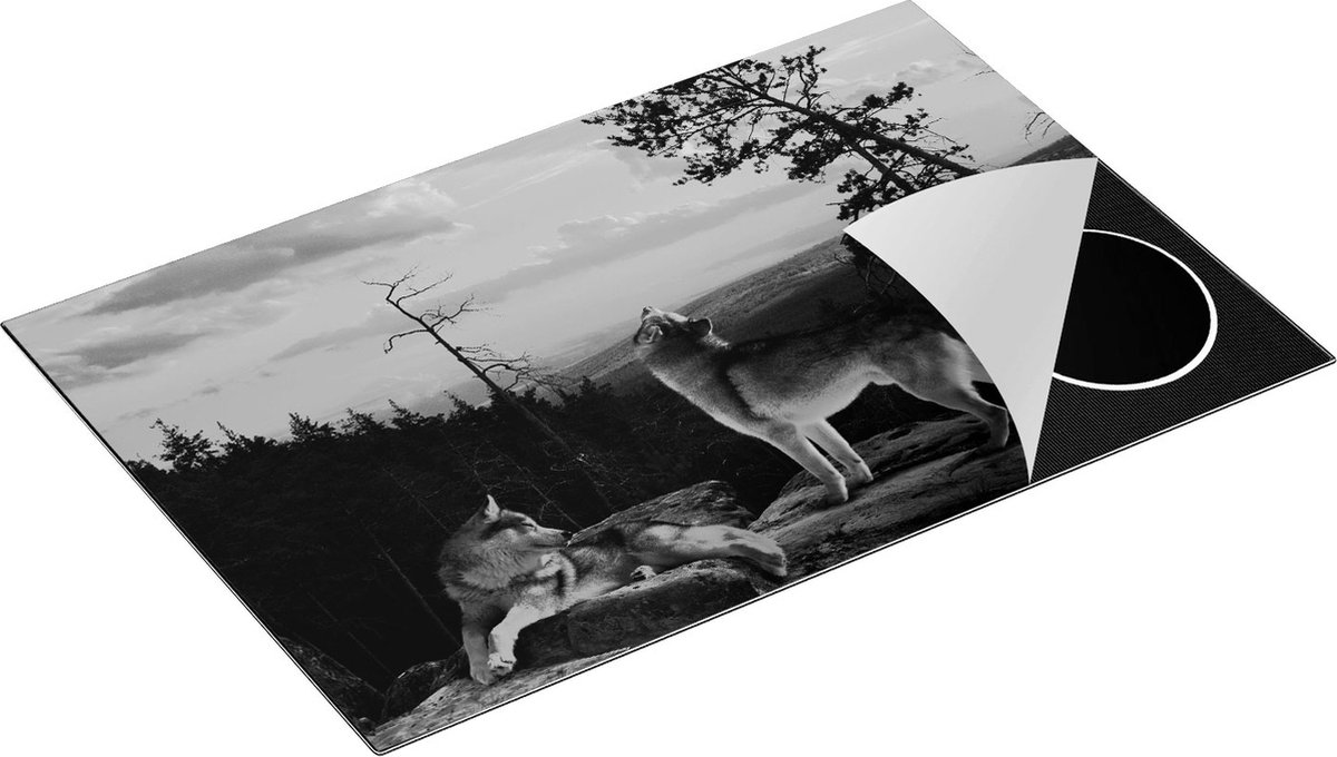 Chefcare Inductie Beschermer Drie Wolven op een Rots in het Bos - Zwart Wit - 81,6x52,7 cm - Afdekplaat Inductie - Kookplaat Beschermer - Inductie Mat