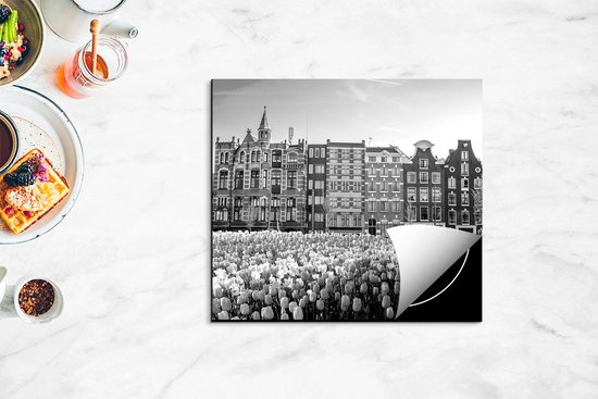 Chefcare Inductie Beschermer Amsterdamse Huisjes met Tulpen - Kleur - Zwart Wit - 57,6x51,6 cm - Afdekplaat Inductie - Kookplaat Beschermer - Inductie Mat