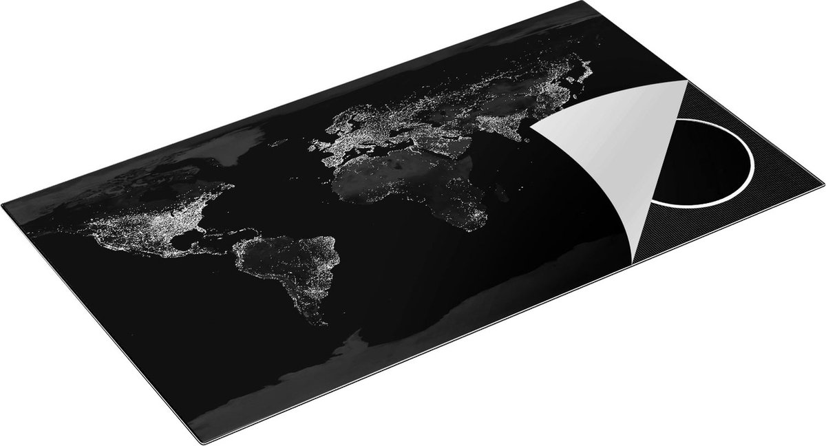Chefcare Inductie Beschermer Wereldkaart met Licht Observaties - Zwart Wit - 95x55 cm - Afdekplaat Inductie - Kookplaat Beschermer - Inductie Mat