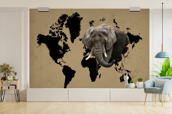 Carte du monde noire avec un éléphant dessus 390x260 cm