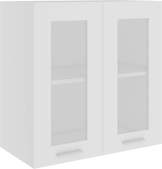 Meuble de cuisine blanc avec deux portes vitrées et deux poignées.