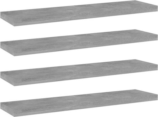 Quatre étagères gris béton alignées, chacune avec une texture fine.