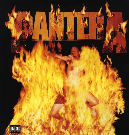 Albumcover met de tekst 'PANTERA' boven een man in een ruitbroek, omringd door vlammen. Parental Advisory sticker onderaan.