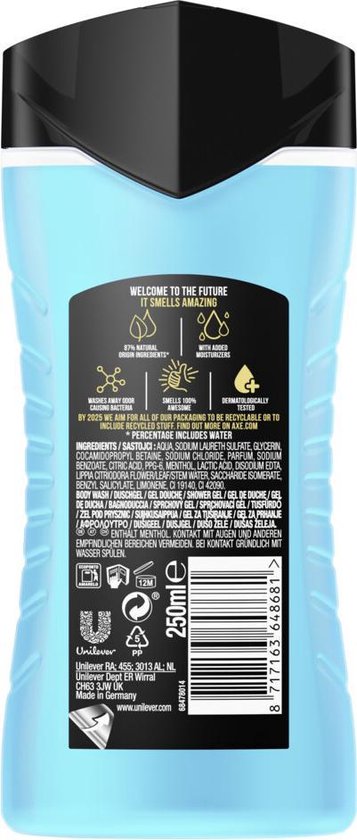 Achterkant van een Axe Ice Chill douchegelfles met ingrediënten en gebruiksaanwijzing.