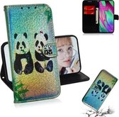 Gekleurde tekening patroon Kleurrijke magnetische gesp Horizontale flip PU lederen tas met houder & kaartsleuven & portemonnee & lanyard voor Galaxy A40 (twee panda's)