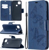 Voor Xiaomi Redmi 9C Twee Vlinders Embossing Patroon Horizontale Flip Leren Case met Houder & Kaartsleuf & Portemonnee & Lanyard (Donkerblauw)