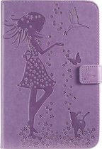 Voor iPad Mini 2019 & 4 & 3 & 2 & 1 Ingedrukt Afdrukken Vrouw en Kat Patroon Horizontale Flip Leren Case met Houder & Kaartsleuven & Portemonnee (Paars)