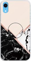 Voor iPhone XR reliëf gelakt marmer TPU beschermhoes met houder (zwart wit roze)