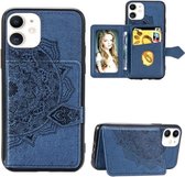 Voor iPhone 11 Mandala in reliëf gemaakte stoffen kaarthoes Mobiele telefoonhoes met magnetische en beugelfunctie met kaarttas / portemonnee / fotolijstfunctie met draagriem (blauw)