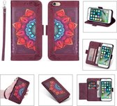 Afdrukken Tweekleurig half mandala-patroon Dubbelzijdige magnetische gesp Horizontale flip lederen tas met houder & kaartsleuven & portemonnee & fotolijst & lanyard voor iPhone 6 Plus (wijnro