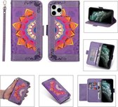 Afdrukken Tweekleurig half mandala-patroon Dubbelzijdige magnetische gesp Horizontale flip lederen tas met houder & kaartsleuven & portemonnee & fotolijst & lanyard voor iPhone 11 (paars)