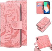 Voor iPhone XS / X Tiger-reliëfpatroon Horizontaal leren flip-hoesje met houder & kaartsleuven en portemonnee (roze)